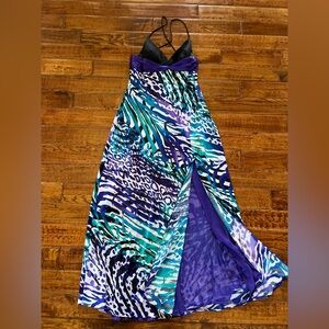Cache Dress Maxi Satin Teal Abstract Print Purple Size 8